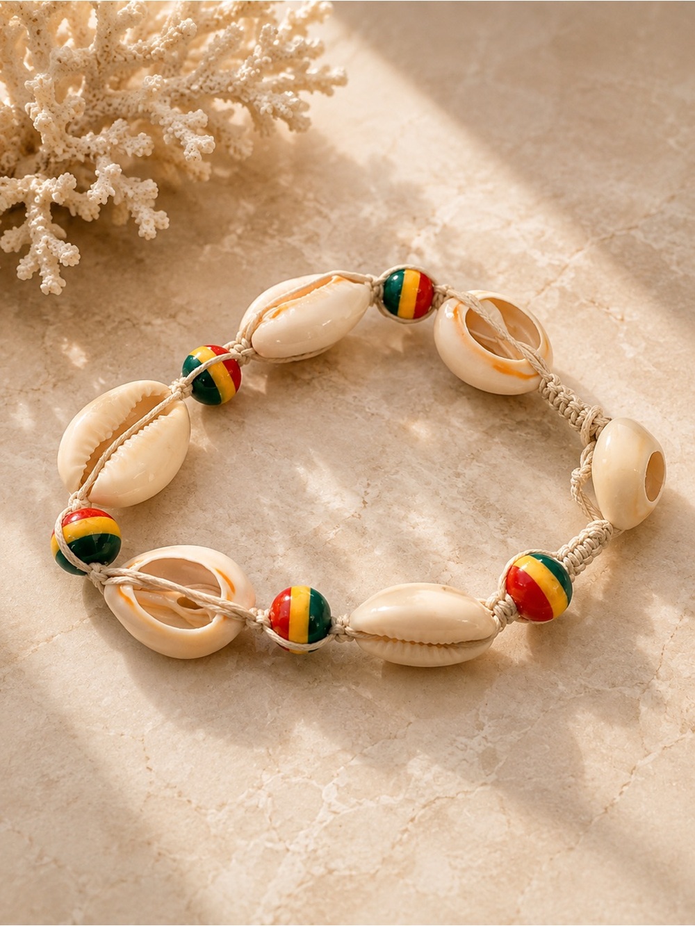 Natural Shell and Rasta Bead Adjustable Bracelet - Women